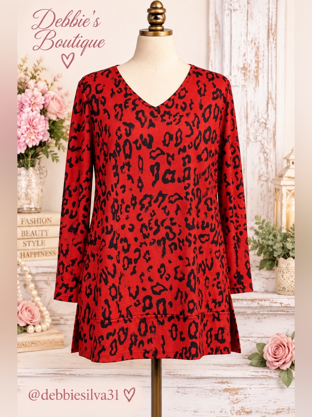 MAYSOAR XL Red Black Leopard Print Tunic Top Pockets Stretch